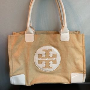 Tory Burch tan and white mini tote/beach bag.